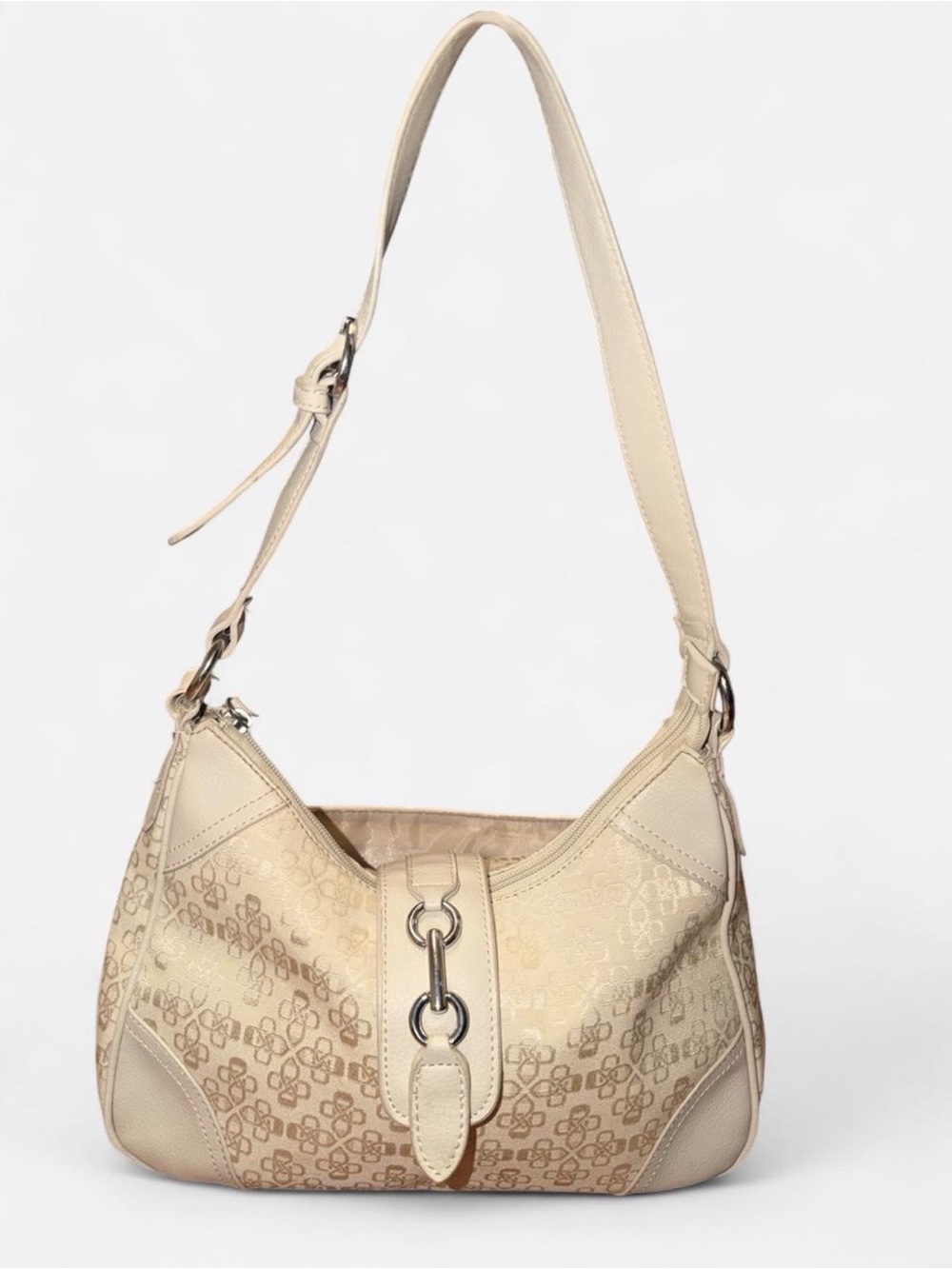Cream Logo-Pattern Shoulder Bag with Silver Hardware